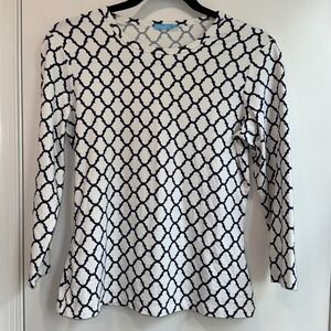 J. McLaughlin Womens XS Top White Blue Geometric Print 3/4 Long‎ Sleeve